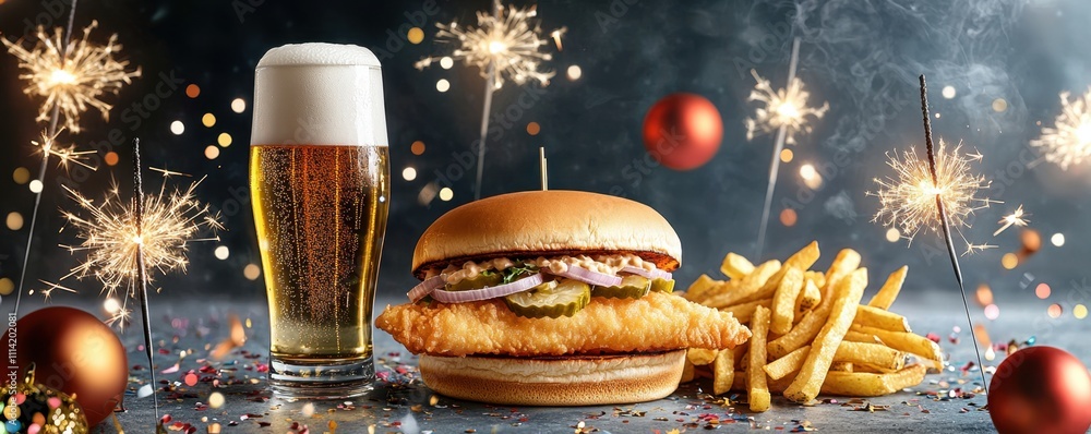 Burger and beer concept for New Year celebration. Delicious burger, fries, and beer with festive sparkles in the background Burger and beer concept for New Year celebration. Delicious burger, fries, and beer with festive sparkles in the background