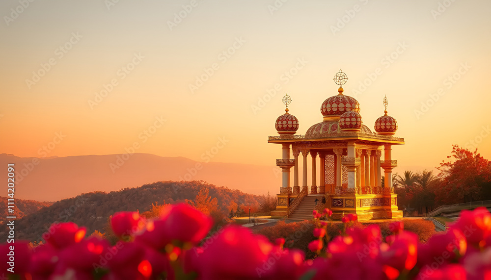 Stunning sunset over ornate temple, vibrant mood, beautiful floral foreground Stunning sunset over ornate temple, vibrant mood, beautiful floral foreground