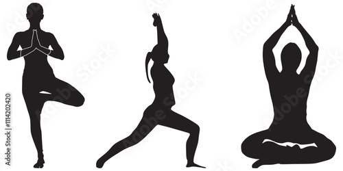 Collection Of Slim Sportive Young Women Doing Yoga Stretching Fitness Exercises. Healthy Lifestyle. Work Out, Wellness And Health Care Concept. Isolated On Transparent Background.