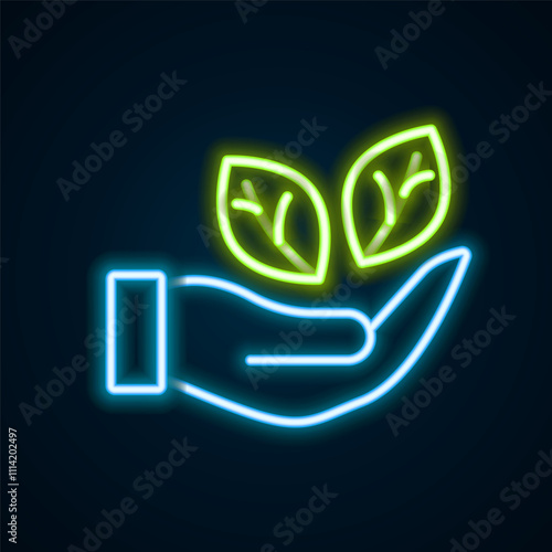 Glowing neon line Hand hold a leaf of the plant icon isolated on black background. Care nature. Leaf shoots with environmental protection. Colorful outline concept. Vector