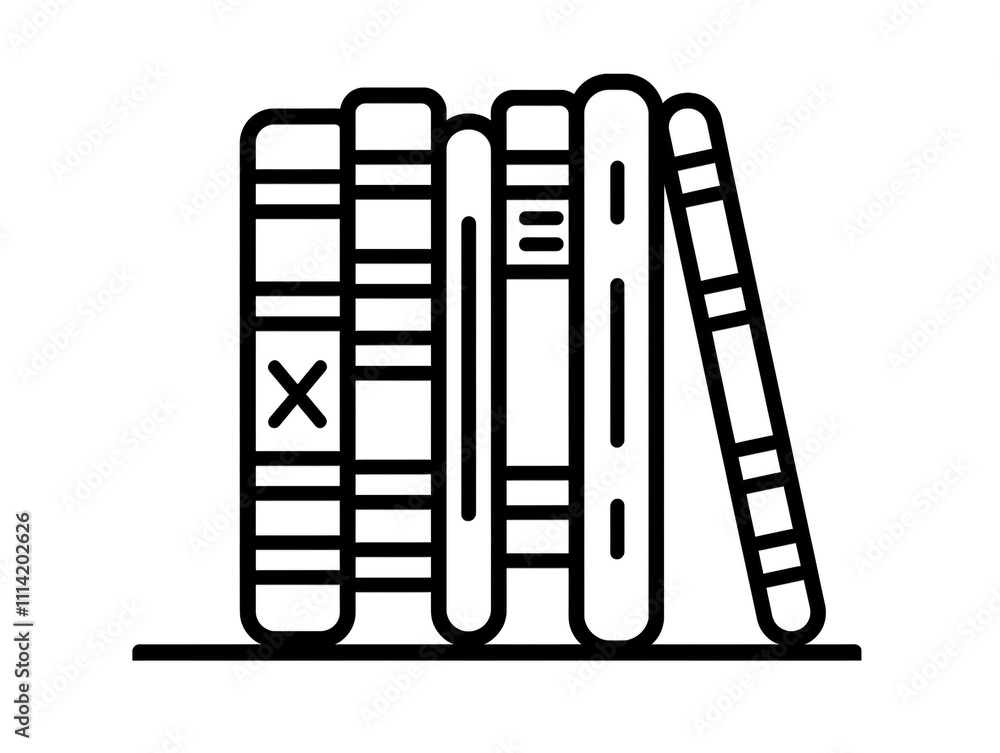 Outline icon of library's books on rack. Black line style on white background. Outline icon of library's books on rack. Black line style on white background.