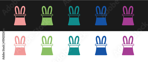 Set Magician hat and rabbit ears icon isolated on black and white background. Magic trick. Mystery entertainment concept. Vector