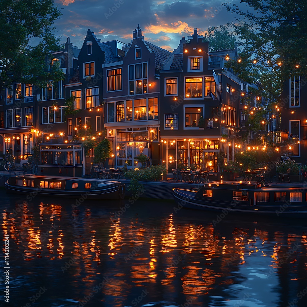 Fototapeta premium Beautifully lit amsterdam canal scene featuring iconic houses with evening glow in picture