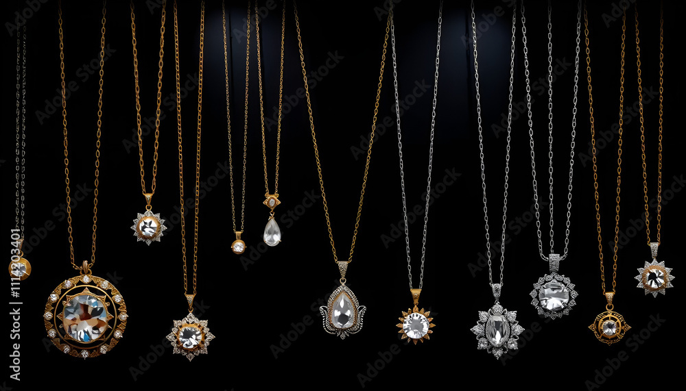 Assorted elegant pendants on display, luxurious mood, stunning jewelry collection Assorted elegant pendants on display, luxurious mood, stunning jewelry collection