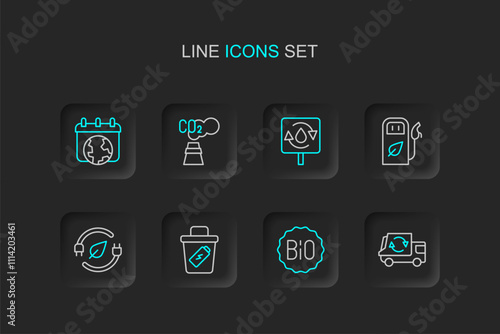 Set line Garbage truck, Banner for bio, Trash can, Electric saving plug in leaf, Petrol gas station, Recycle clean aqua, CO2 emissions cloud and World Earth day icon. Vector