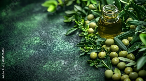 Olives and leaves twisting around glass olive oil bottle on green background in the center, ad style, hyper realistic photo