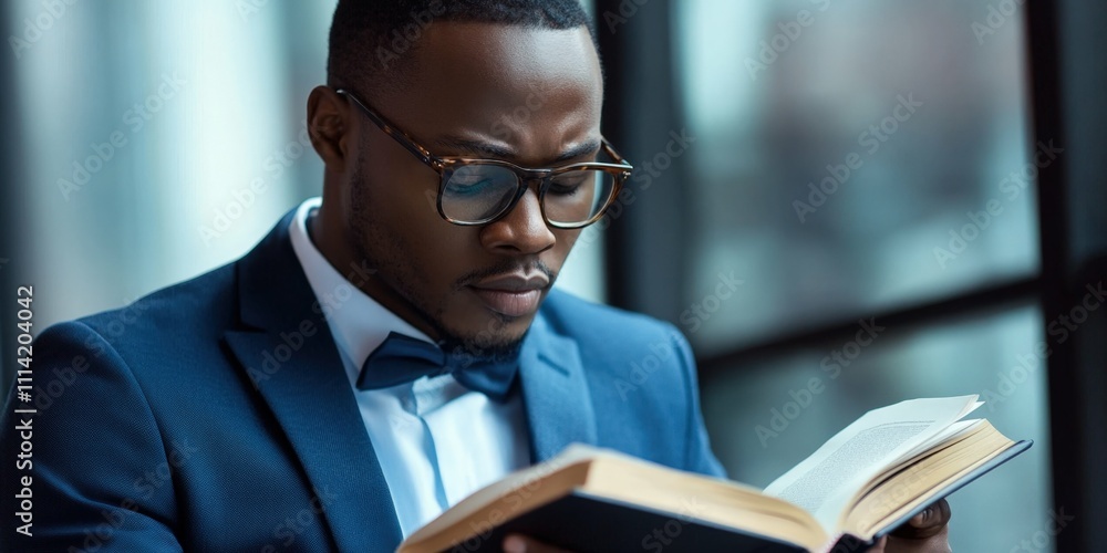 Focused Black man reading an open book in a modern setting wearing a stylish blue suit soft studio lighting clean professional background Focused Black man reading an open book in a modern setting wearing a stylish blue suit soft studio lighting clean professional background