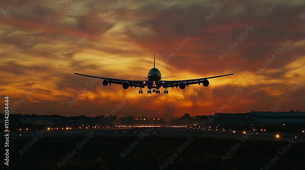 Airplane Landing at Sunset Over Runway Lights Airplane Landing at Sunset Over Runway Lights