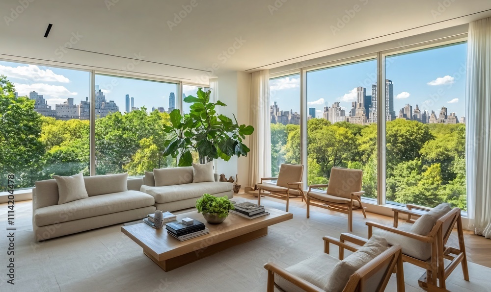 Fototapeta premium A modern living room with a stylish sofa and large floor-to-ceiling windows, offering a scenic view of lush trees and a serene park outside.