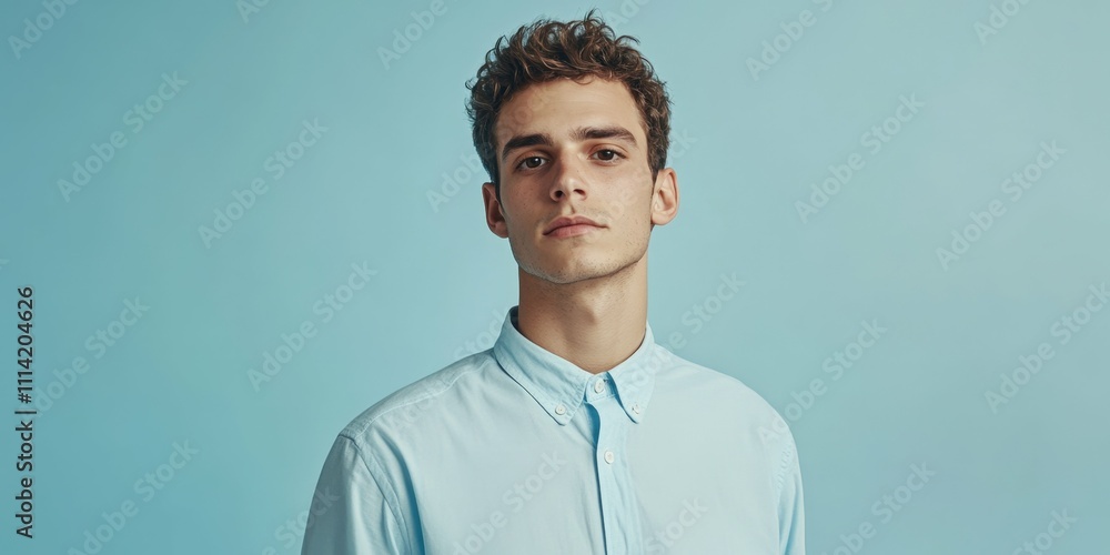 Obraz premium Young man with a thoughtful expression wearing a light blue shirt standing against a clean light blue background studio lighting