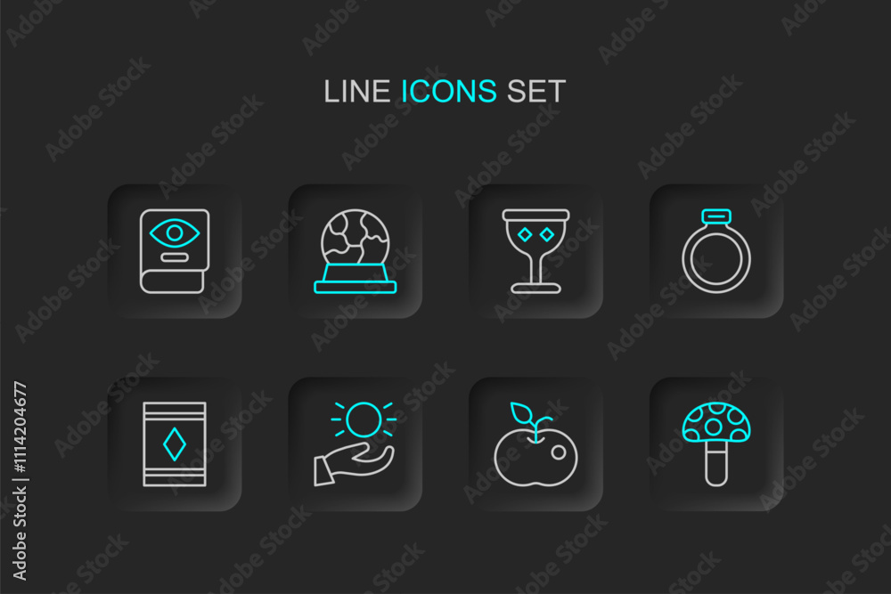Set line Psilocybin mushroom, Poison apple, Ball levitating above hand, Magic carpet, stone ring, Medieval goblet, ball and Ancient magic book icon. Vector Set line Psilocybin mushroom, Poison apple, Ball levitating above hand, Magic carpet, stone ring, Medieval goblet, ball and Ancient magic book icon. Vector