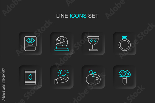 Set line Psilocybin mushroom, Poison apple, Ball levitating above hand, Magic carpet, stone ring, Medieval goblet, ball and Ancient magic book icon. Vector