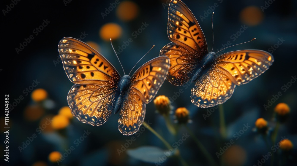 Two luminous butterflies hover near yellow flowers at dusk. Two luminous butterflies hover near yellow flowers at dusk.