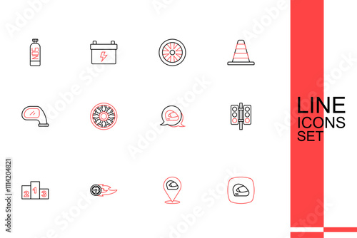 Set line Racing helmet, Wheel fire flame, Award over sports winner podium, traffic light, Alloy wheel for car and Car mirror icon. Vector
