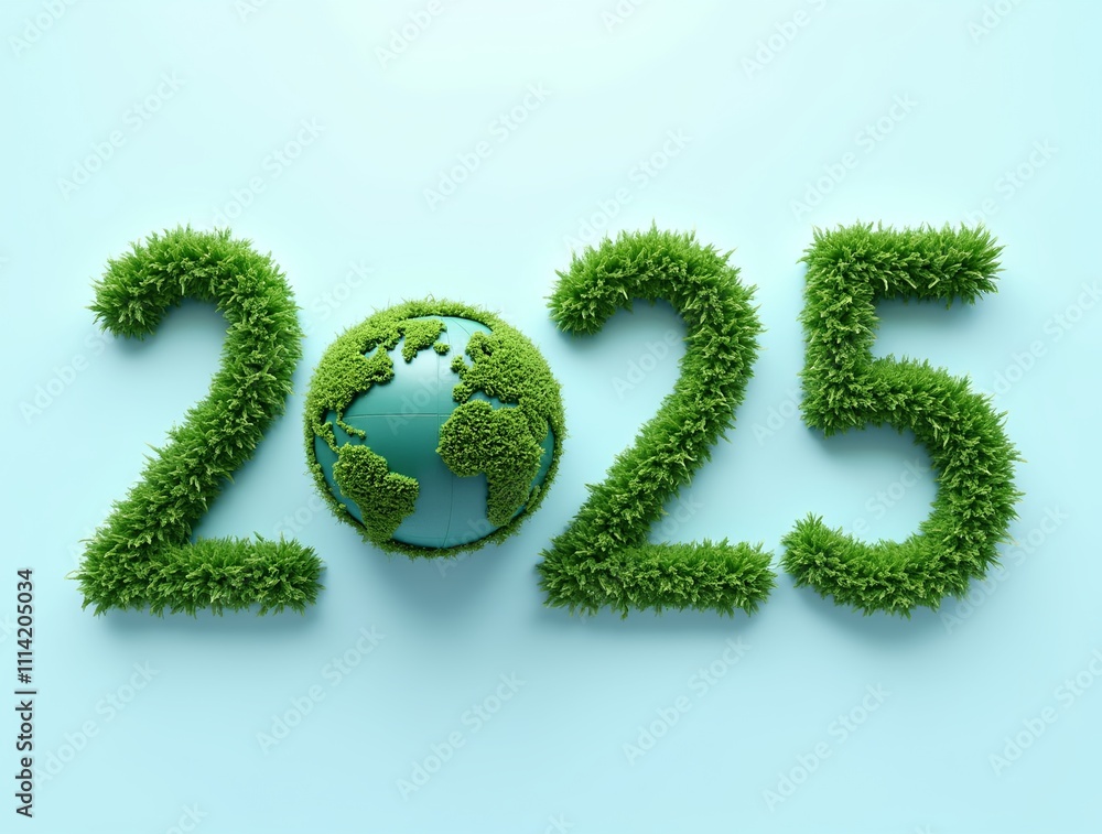 2025 written in green, textured numbers resembling grass or foliage, with the Earth replacing the zero, symbolizing sustainability and environmental awareness, set against a light blue background
