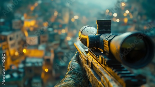 Sniper on duty point of view, stationed on top of building, sniper POV while looking down