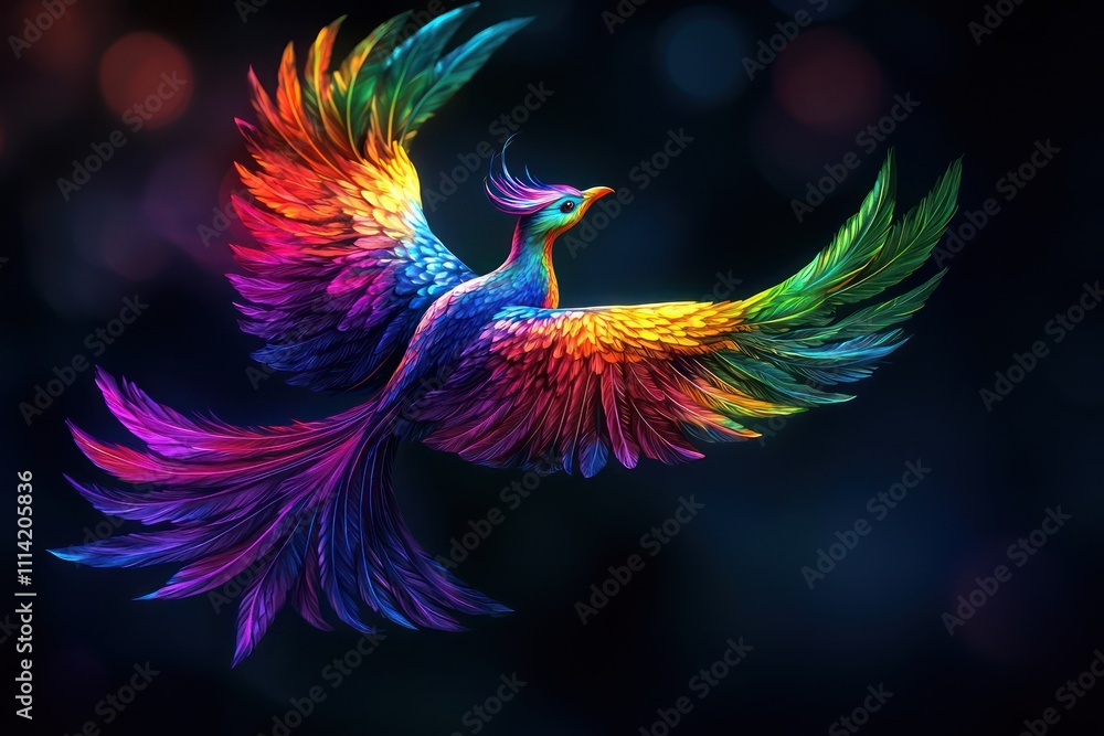 Fototapeta premium A rainbow phoenix soaring over a dark background.