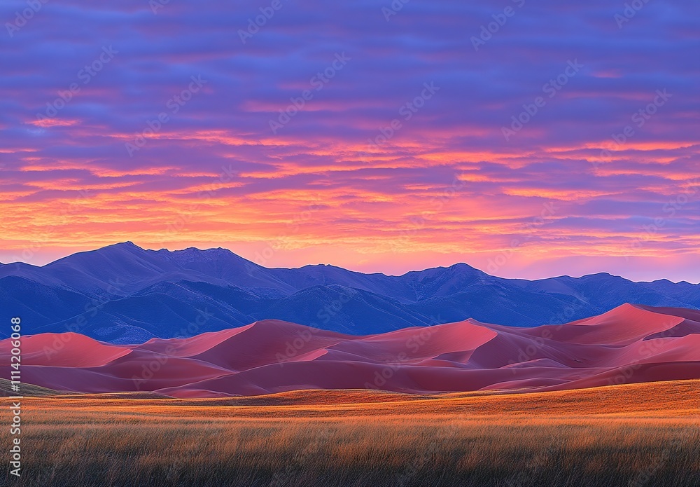 Serene sunset over vibrant red sand dunes and majestic blue mountains; a breathtaking natural landscape. Serene sunset over vibrant red sand dunes and majestic blue mountains; a breathtaking natural landscape.