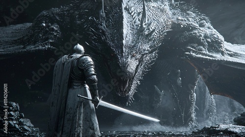 Knight faces a formidable dragon in a dark, enchanted cave during a fateful battle