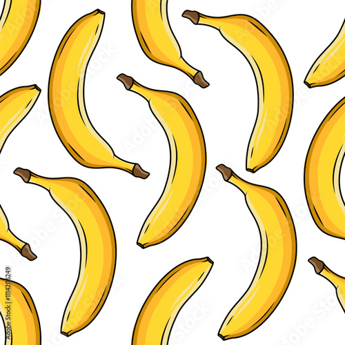 Vector seamless pattern with colorful bananas. Image of bananas isolated on a white background. Color print for packaging, boxes and wallpaper. Square seamless illustration with exotic fruits.