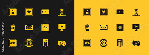 Set Movie trophy, No cell phone, Plus 16 movie, Fire exit, VHS video cassette tape, Online play, Play Video and Like heart icon. Vector