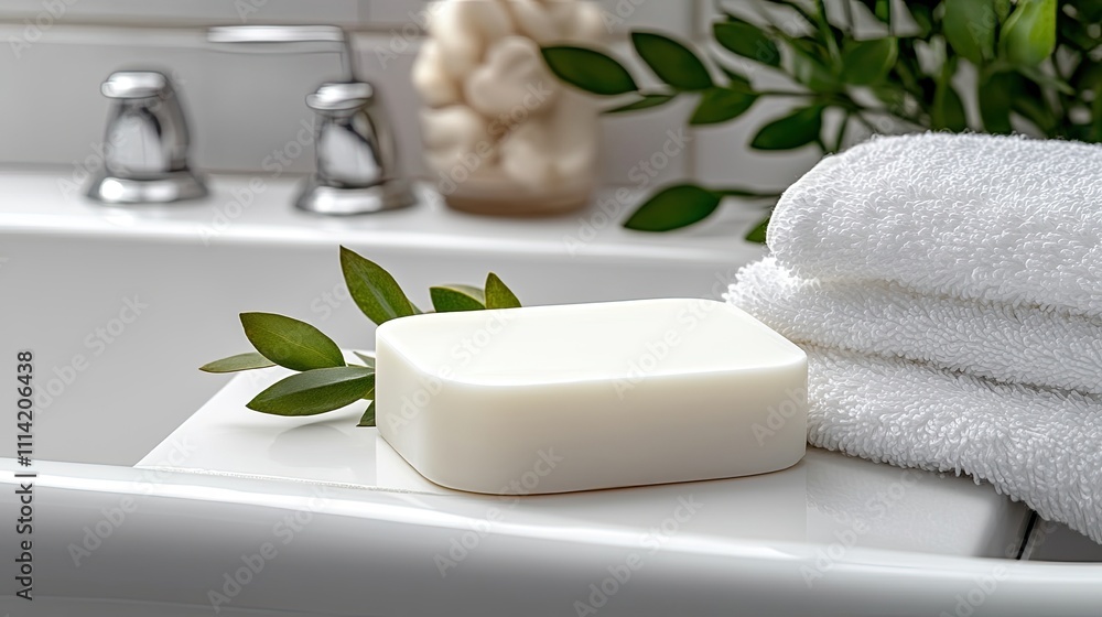 Blank label soap bar rests next to brown towel in an elegant bathroom with natural lighting, showcasing simple and clean aesthetics Blank label soap bar rests next to brown towel in an elegant bathroom with natural lighting, showcasing simple and clean aesthetics