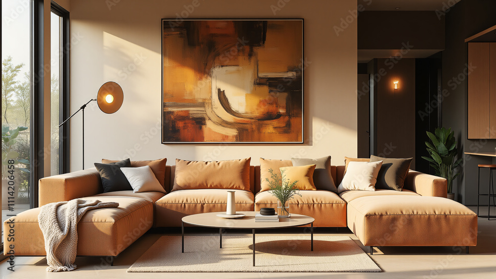 A modern living room featuring an inviting orange sectional sofa, adorned with various cushions, complemented by a large abstract painting and large windows for the lifestyle industry. A modern living room featuring an inviting orange sectional sofa, adorned with various cushions, complemented by a large abstract painting and large windows for the lifestyle industry.