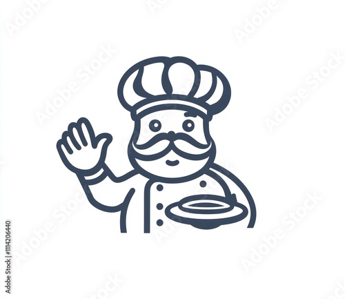 Cartoon chef waving, holding plate.