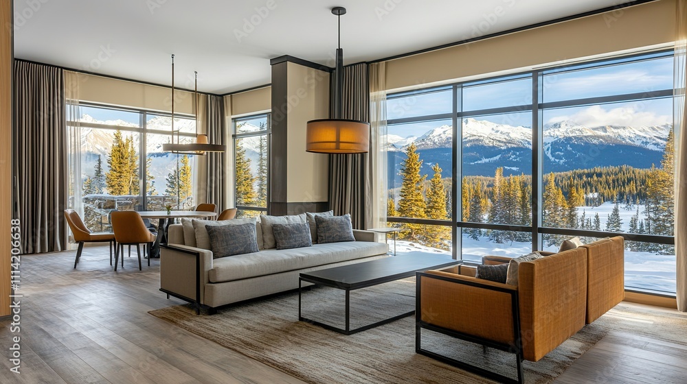 Fototapeta premium Cozy living room with panoramic mountain view.