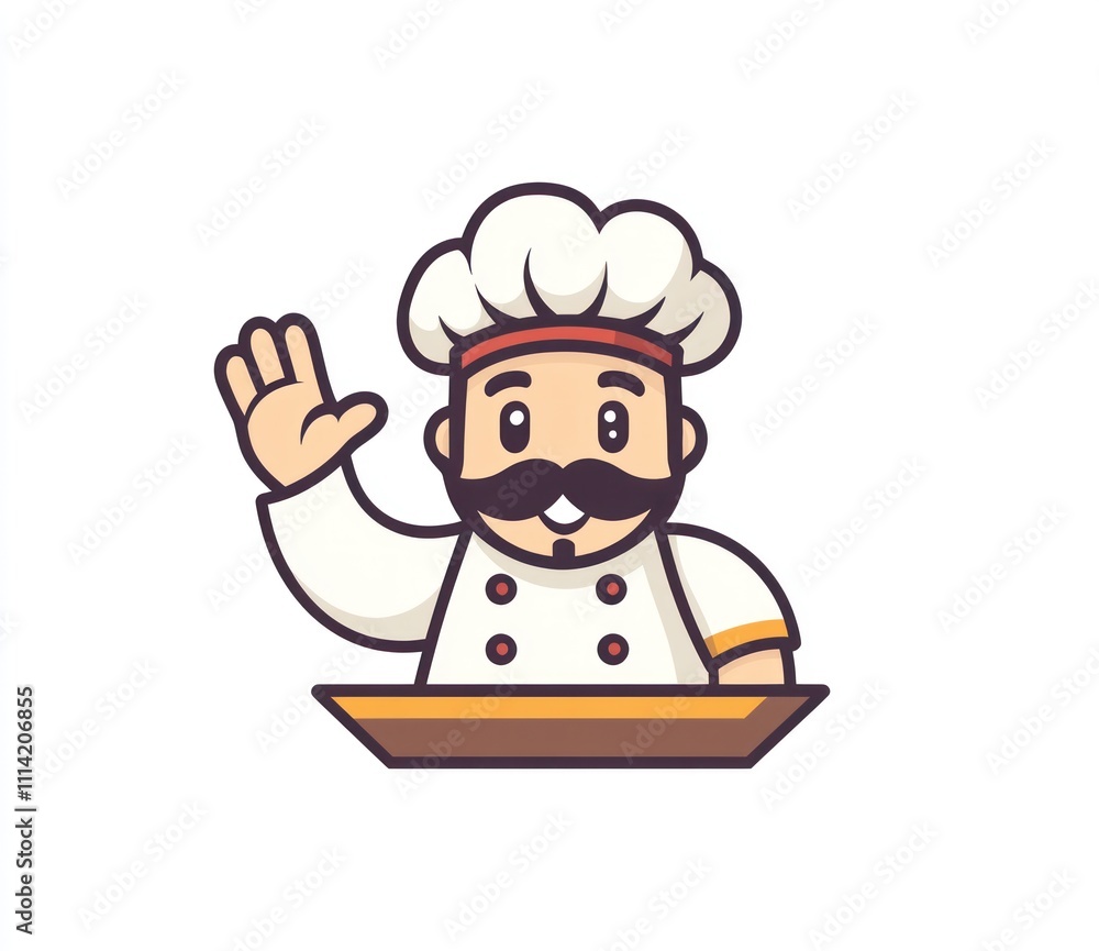 Happy cartoon chef waving from behind counter. Happy cartoon chef waving from behind counter.