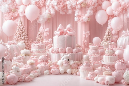 Delightful pink dessert showcase sweet celebration venue food display charming ambiance festive perspective whimsical treats