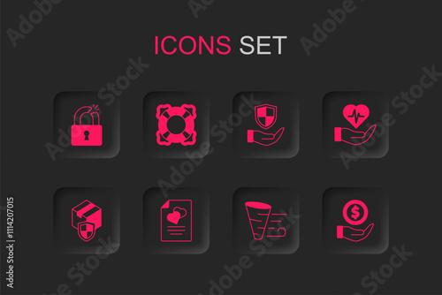 Set Marriage contract, Lifebuoy, Broken or cracked lock, Tornado, insurance in hand, Money with shield, Shield and Delivery security icon. Vector