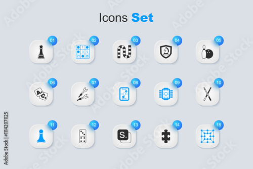 Set Puzzle pieces toy, Dart arrow, Bingo card, Chess pawn, Board game, Crossed billiard cues, and Air hockey table icon. Vector