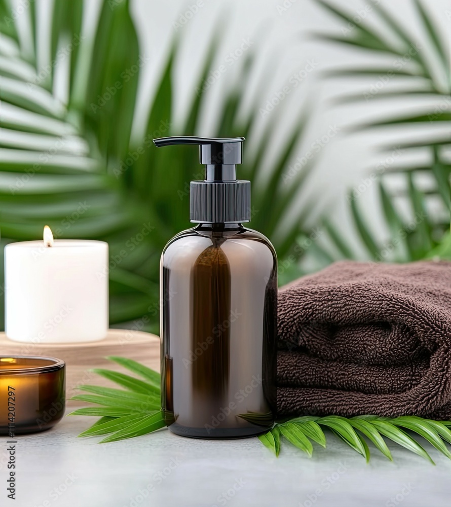 A tranquil spa arrangement features an amber glass shampoo bottle, soft towels, and candles, complemented by palm leaves for a calming atmosphere. A tranquil spa arrangement features an amber glass shampoo bottle, soft towels, and candles, complemented by palm leaves for a calming atmosphere.