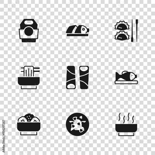Set Kung Pao chicken, Served fish on plate, Ramen soup bowl, Guotie, Dumpling with chopsticks, Asian noodles paper box, Fish sliced pieces and icon. Vector