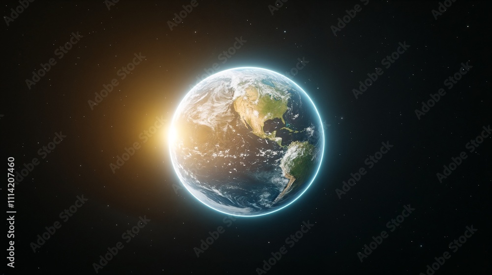 Fototapeta premium Beautiful view of Earth from space, illuminated by sunlight, celebrating Earth Day
