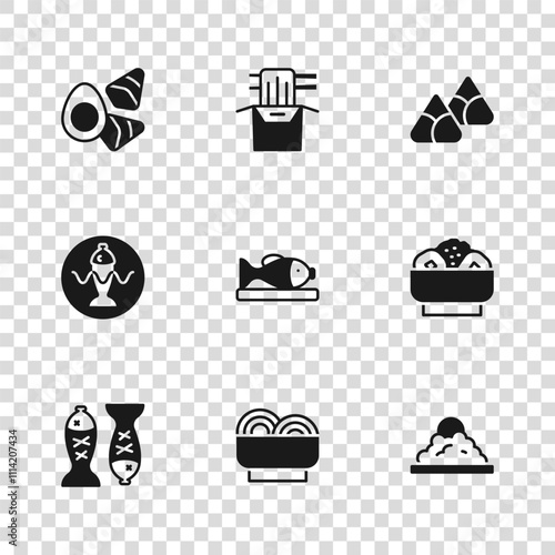 Set Asian noodles in bowl, Chow mein on plate, Rice, Served fish, Zongzi bamboo steamer, Chicken egg with vegerables, paper box and icon. Vector