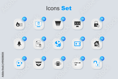 Set Parking car barrier, Document and lock, Lock, Ringing alarm bell, Open padlock, House under protection, Firewall, security wall and Shield with world globe icon. Vector