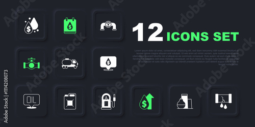 Set Oil tank storage, Broken oil pipe with valve, Tanker truck, price increase, Canister for gasoline, drop dollar symbol and Petrol station icon. Vector