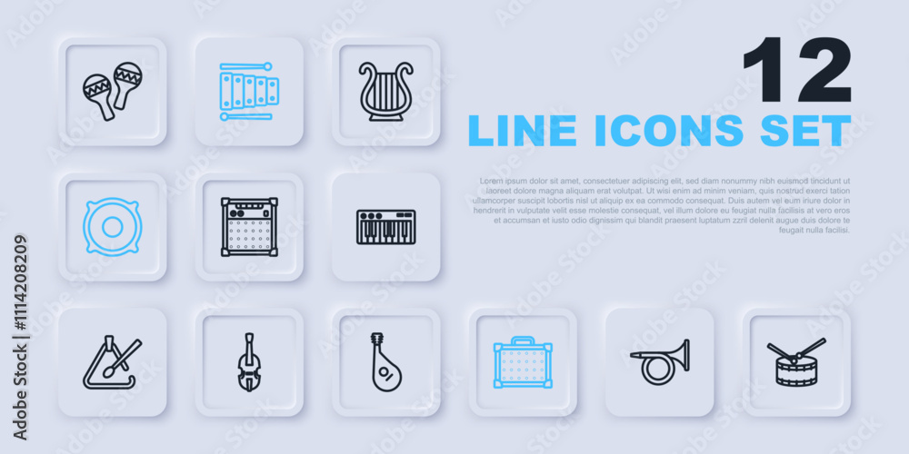Set line Trumpet, Drum with drum sticks, Guitar amplifier, Stereo speaker, Violin, Xylophone and Bandura icon. Vector Set line Trumpet, Drum with drum sticks, Guitar amplifier, Stereo speaker, Violin, Xylophone and Bandura icon. Vector