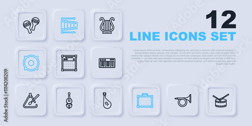 Set line Trumpet, Drum with drum sticks, Guitar amplifier, Stereo speaker, Violin, Xylophone and Bandura icon. Vector