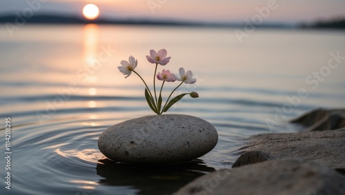 A few blooms atop a stone near the water's edge as the sun descends behind. photo