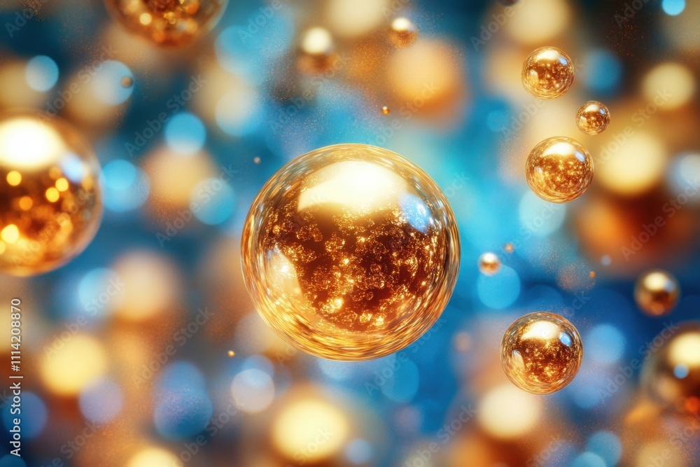 Dynamic golden bubbles floating in blue background abstract art digital illustration creative design close-up view visual concept Dynamic golden bubbles floating in blue background abstract art digital illustration creative design close-up view visual concept