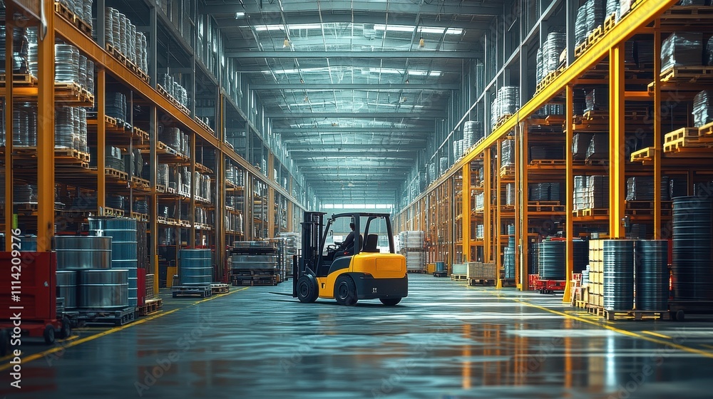 Modern Industrial Warehouse with Storage Shelves and Forklift Modern Industrial Warehouse with Storage Shelves and Forklift