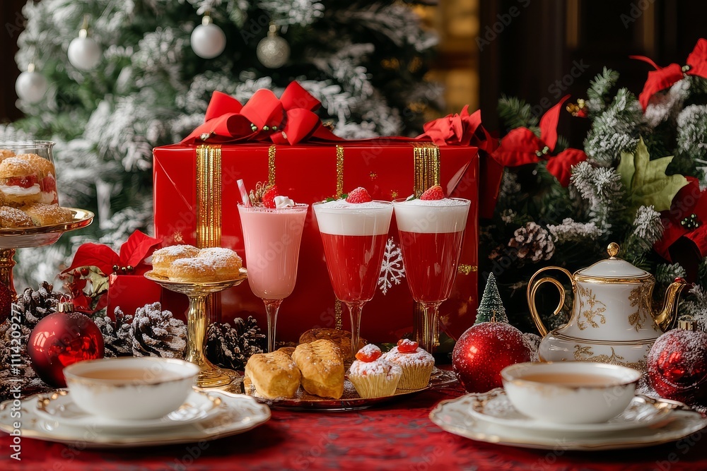Festive Christmas table setting with red and white decorations, colorful drinks in small glasses, a gift box with snowflakes, elegant tea set with gold ornaments, delicious pastries, and a small glass Festive Christmas table setting with red and white decorations, colorful drinks in small glasses, a gift box with snowflakes, elegant tea set with gold ornaments, delicious pastries, and a small glass