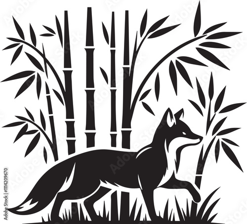 A fox wandering through tall bamboo vector silhouette