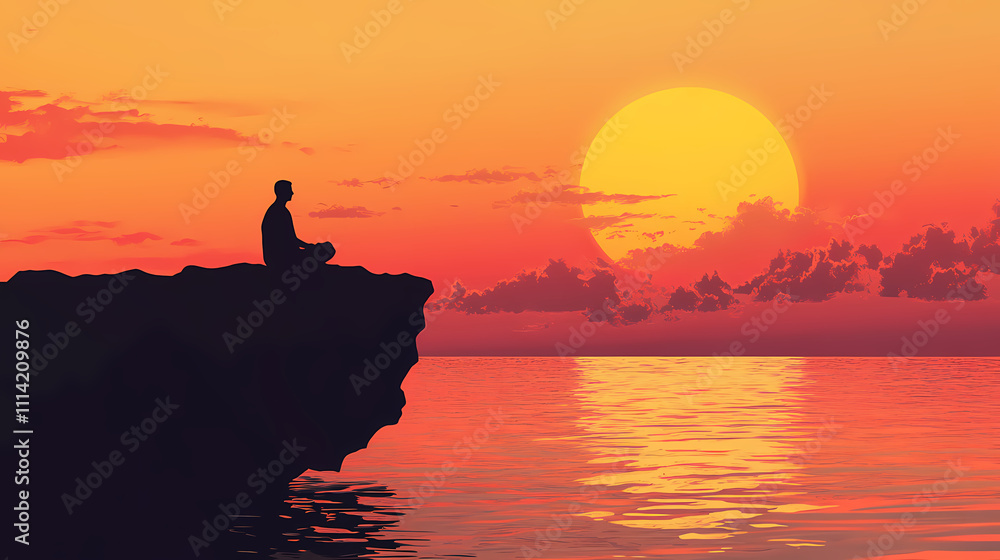Sunset meditation cliff ocean solitude peace. Solitude. Illustration Sunset meditation cliff ocean solitude peace. Solitude. Illustration