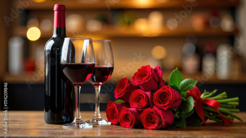 A bottle of red wine with two glasses and a bouquet of red roses on a wooden table, set against a blurred kitchen interior with lights. Concept of romantic holiday