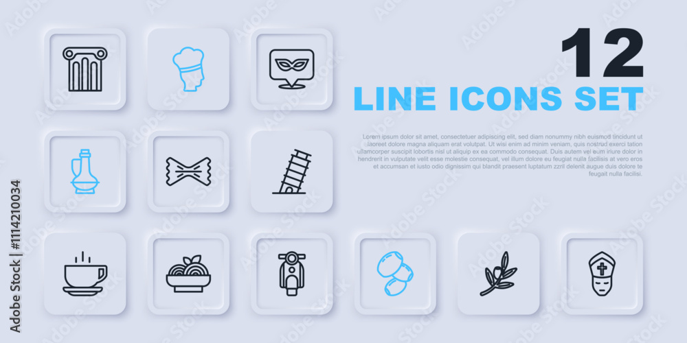Set line Olives branch, Pope, Macaroni, Bottle of olive oil, Pasta spaghetti, Italian cook and Scooter icon. Vector Set line Olives branch, Pope, Macaroni, Bottle of olive oil, Pasta spaghetti, Italian cook and Scooter icon. Vector