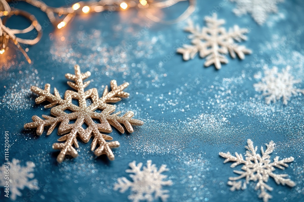 Festive snowflake decorations on blue background holiday celebration photography cozy atmosphere close-up seasonal beauty Festive snowflake decorations on blue background holiday celebration photography cozy atmosphere close-up seasonal beauty